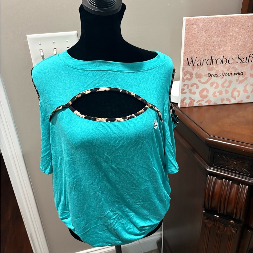 Celeste Turquoise Cutout Blouse with Leopard Trim